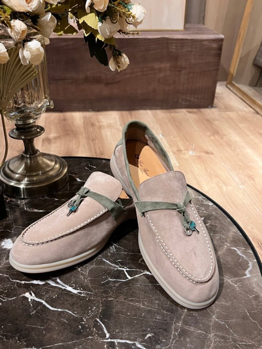 Loro Piana Suede Summer Walk Charms Loafers Gray Green Accent Shoes